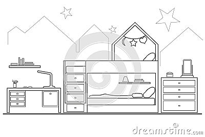 Linear sketch front childroom interior for two girls Vector Illustration